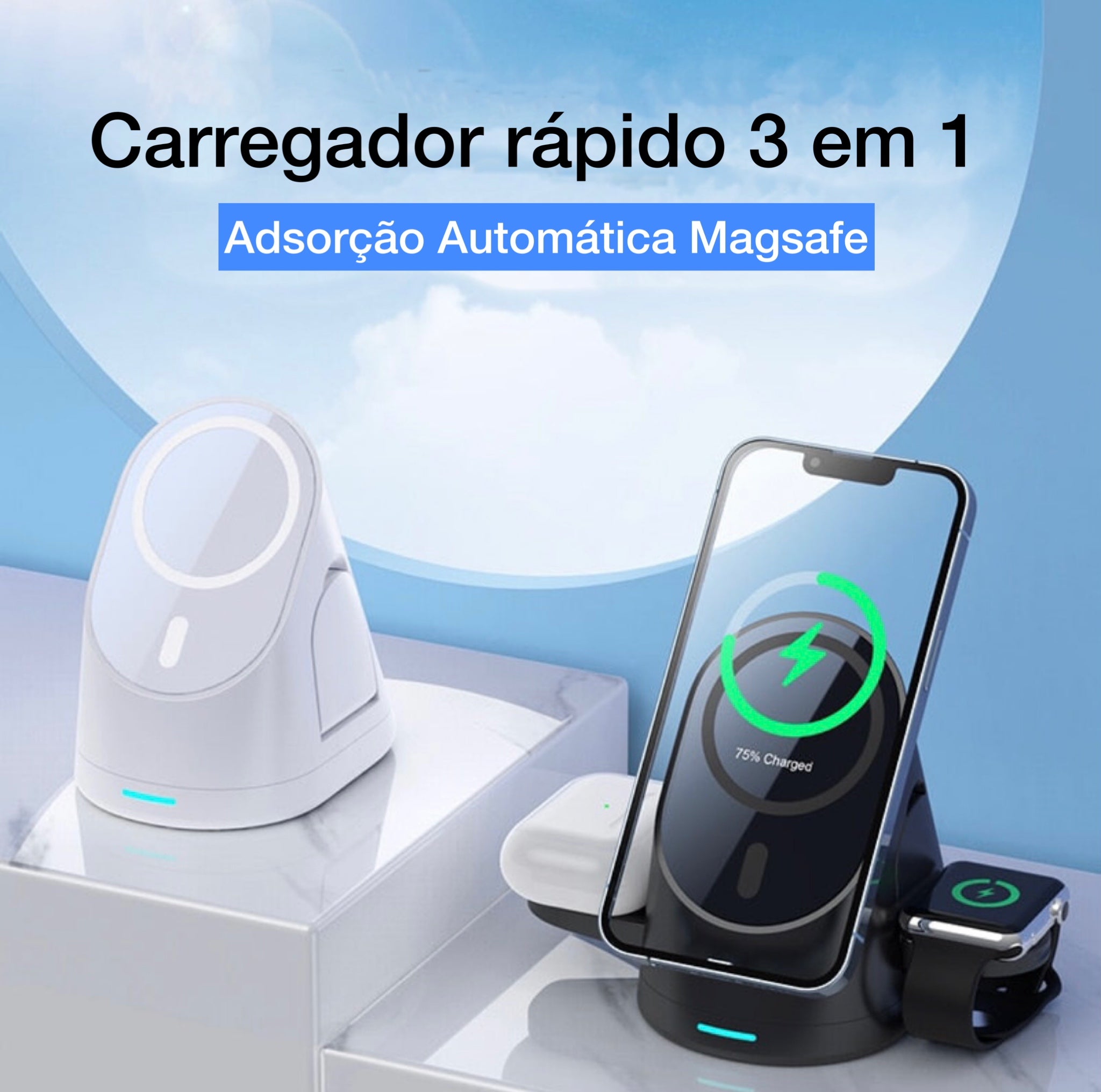 Kit Carregador Wireless 3 Em 1 + Carregador Magsafe Magnético